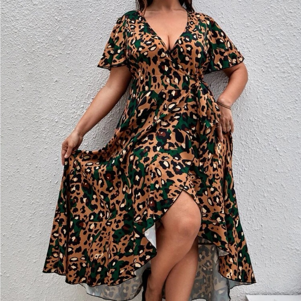 Luxe plus size leopard print wrap maxi dress